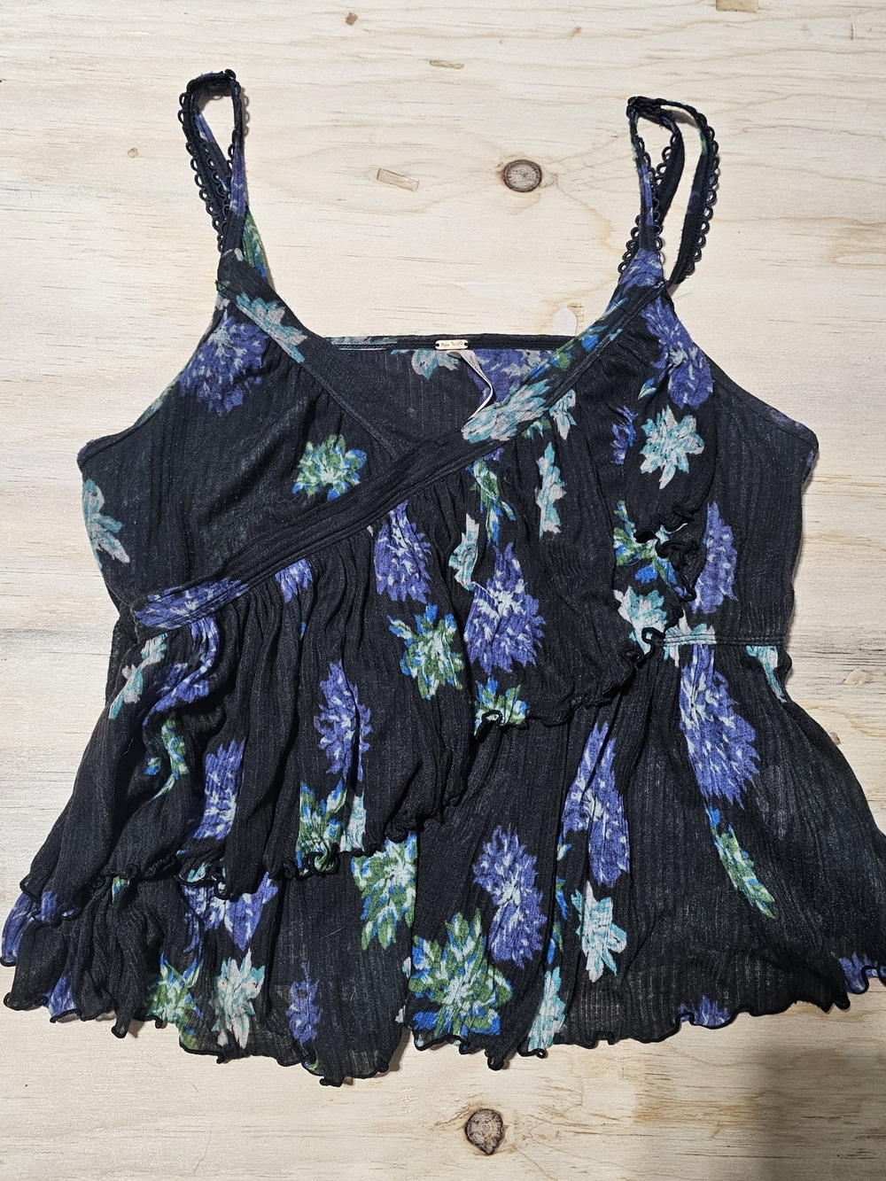 Free People Tank Top Sz L Melbourne Black Floral Ruffle Shirt Summer Camisole